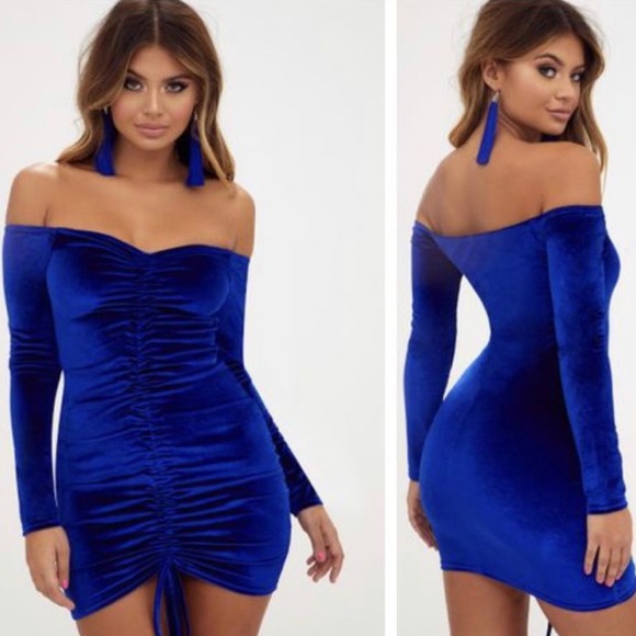 PRETTY LITTLE THING blue velvet Bardot long sleeve ruched bodycon dress - Picture 2 of 5